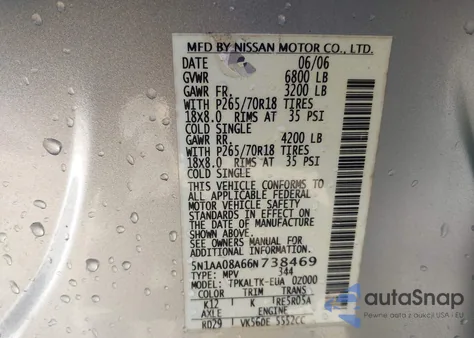 2006 Nissan Armada Se z USA, uszkodzony, nr VIN 5N1AA08A66N738469